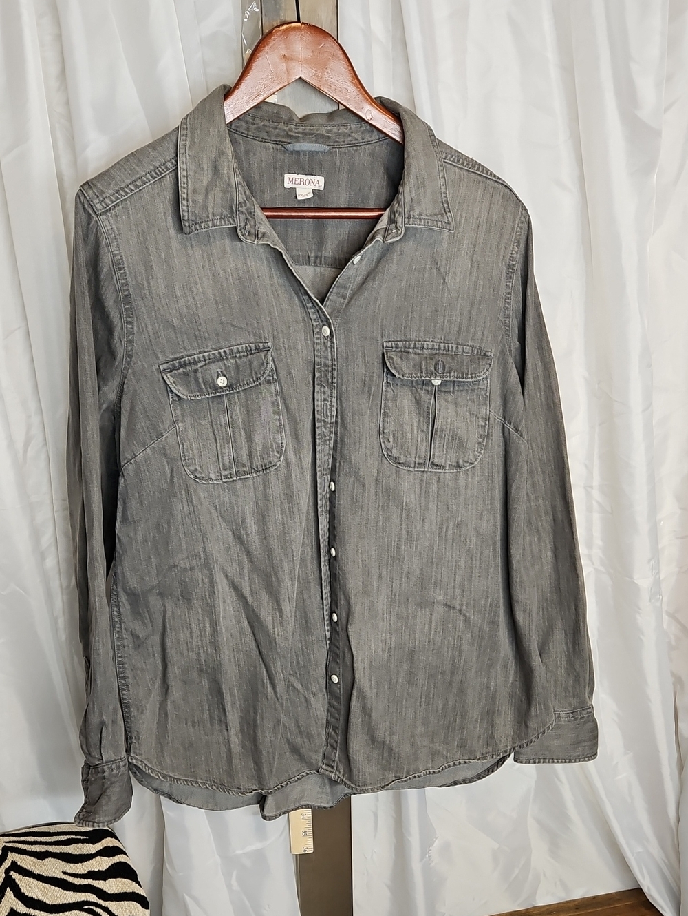 Merona Gray Cotton Denim Women's Button-Down Shirt with Chest Pockets Xxl